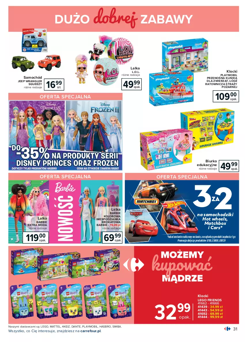 Gazetka promocyjna Carrefour - Gazetka Carrefour - ważna 15.02 do 27.02.2021 - strona 31 - produkty: Barbie, Biurko, Cars, Chodzik, Hasbro, Hot Wheels, Klocki, L.O.L., Lalka, LEGO, LEGO Friends, Mattel, Mobil, Moda, Playmobil, Samochód, Samochodziki