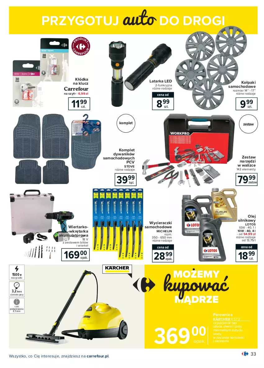 Gazetka promocyjna Carrefour - Gazetka Carrefour - ważna 15.02 do 27.02.2021 - strona 33 - produkty: Akumulator, Dywan, Dywanik, Kärcher, Kłódka, Kołpak, Latarka, Latarka LED, Michelin, Olej, Olej silnikowy, Parownica, Tarka, Wkręt, Wkrętarka, Zestaw narzędzi