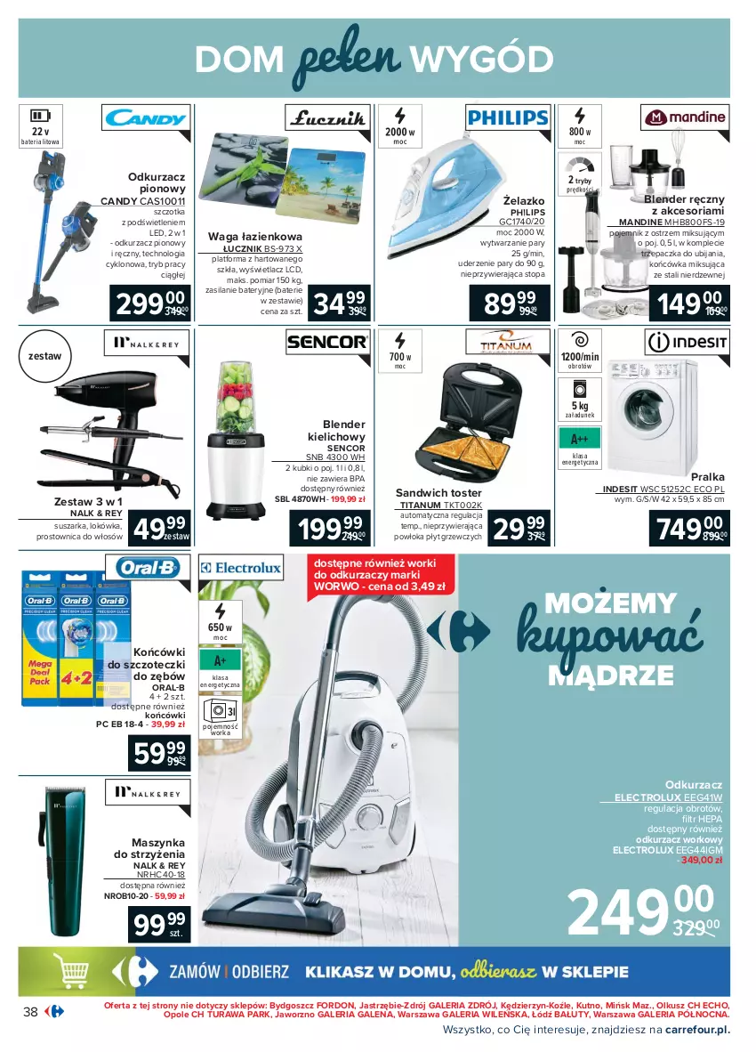 Gazetka promocyjna Carrefour - Gazetka Carrefour - ważna 15.02 do 27.02.2021 - strona 38 - produkty: Bateria, Blender, Blender ręczny, Candy, Electrolux, Indesit, Końcówki do szczoteczk, Lokówka, Maszynka, Odkurzacz, Orka, Philips, Pojemnik, Pralka, Prostownica do włosów, Sencor, Silan, Suszarka, Szczotka, Szynka, Top, Toster, Trzepaczka, Waga, Waga łazienkowa