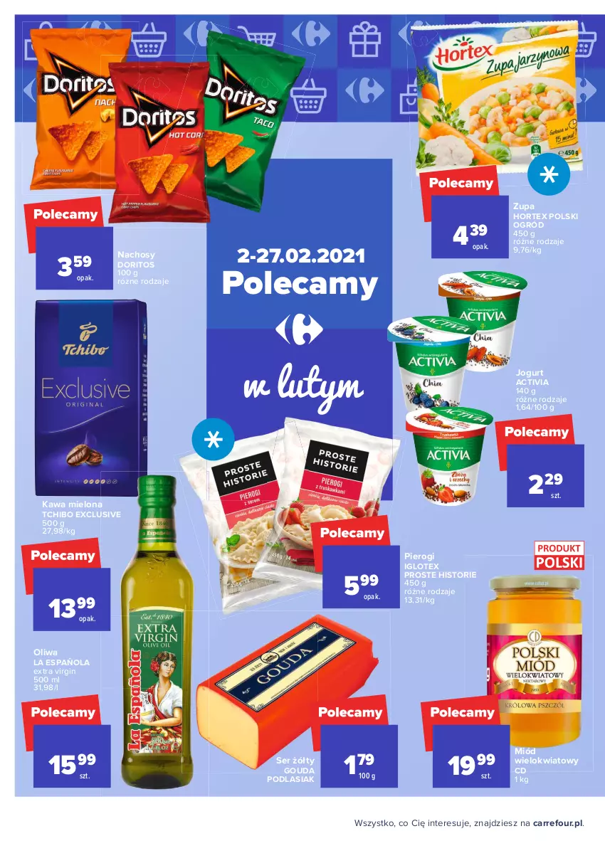 Gazetka promocyjna Carrefour - Gazetka Carrefour - ważna 15.02 do 27.02.2021 - strona 40 - produkty: Activia, Gin, Gouda, Hortex, Jogurt, Kawa, Kawa mielona, Miód, Ogród, Pierogi, Ser, Tchibo, Zupa