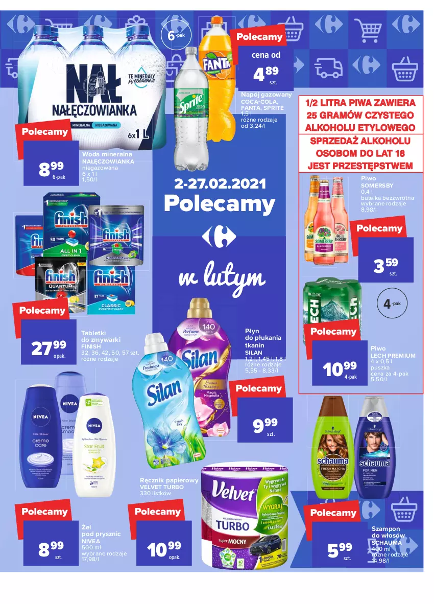 Gazetka promocyjna Carrefour - Gazetka Carrefour - ważna 15.02 do 27.02.2021 - strona 41 - produkty: Coca-Cola, Fa, Fanta, Finish, Gra, Lech Premium, Nałęczowianka, Napój, Napój gazowany, Nivea, Papier, Piwa, Piwo, Płyn do płukania, Ręcznik, Schauma, Silan, Somersby, Sprite, Szampon, Tablet, Tabletki do zmywarki, Velvet, Woda, Woda mineralna, Zmywarki