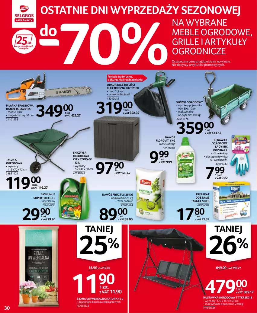 Gazetka promocyjna Selgros - Oferta przemysłowa - ważna 11.08 do 24.08.2022 - strona 30 - produkty: Biohumus, Grill, Huśtawka, Meble, Mus, Nawóz, Odkurzacz, Odkurzacz do liści, Pojemnik, Rękawice, Wózek