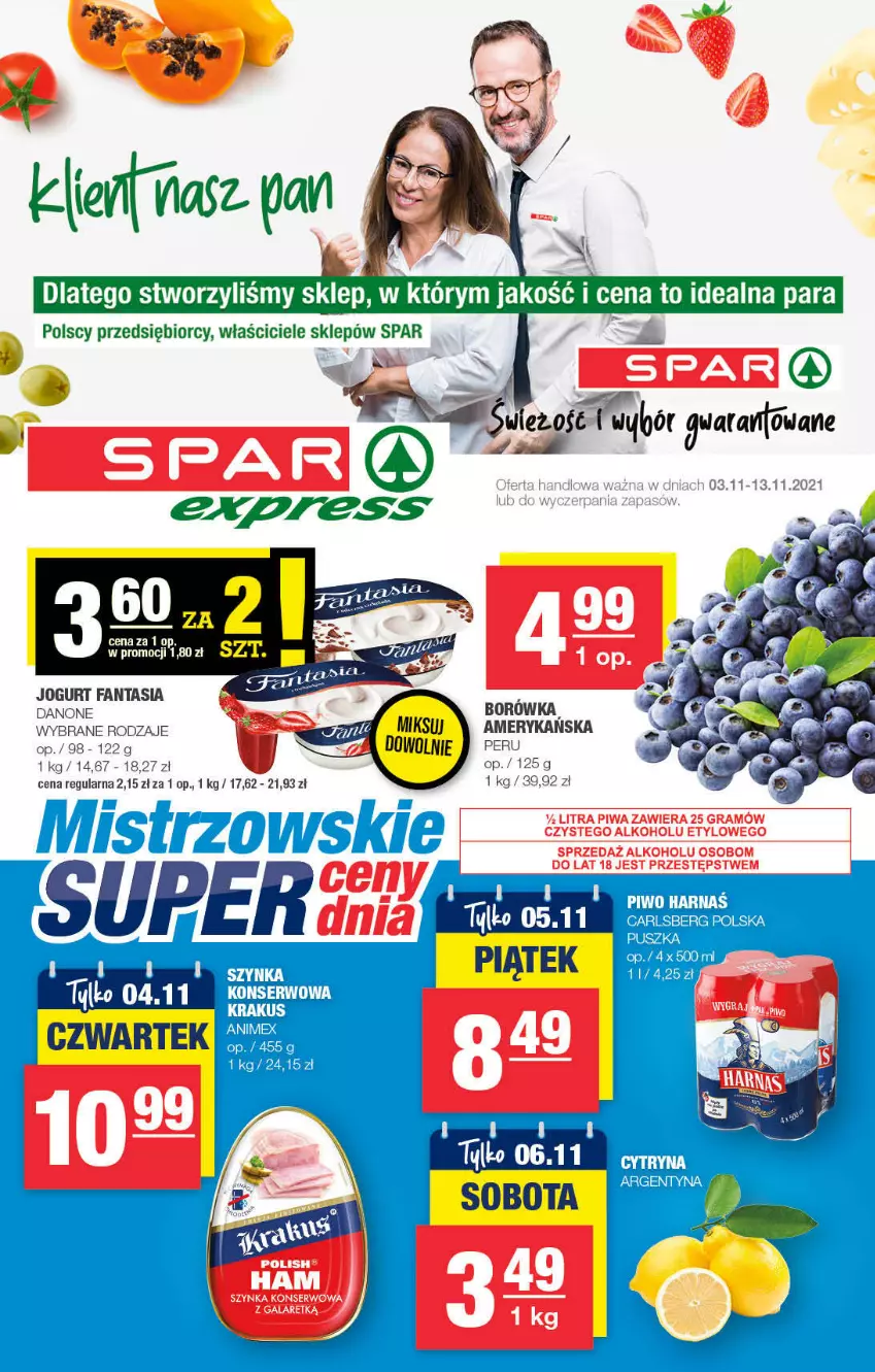 Gazetka promocyjna Spar - ważna 02.11 do 12.11.2021 - strona 1 - produkty: Borówka, Fa, Fanta, Gra, Jogurt, Piwa, Ser, Szynka, Szynka konserwowa