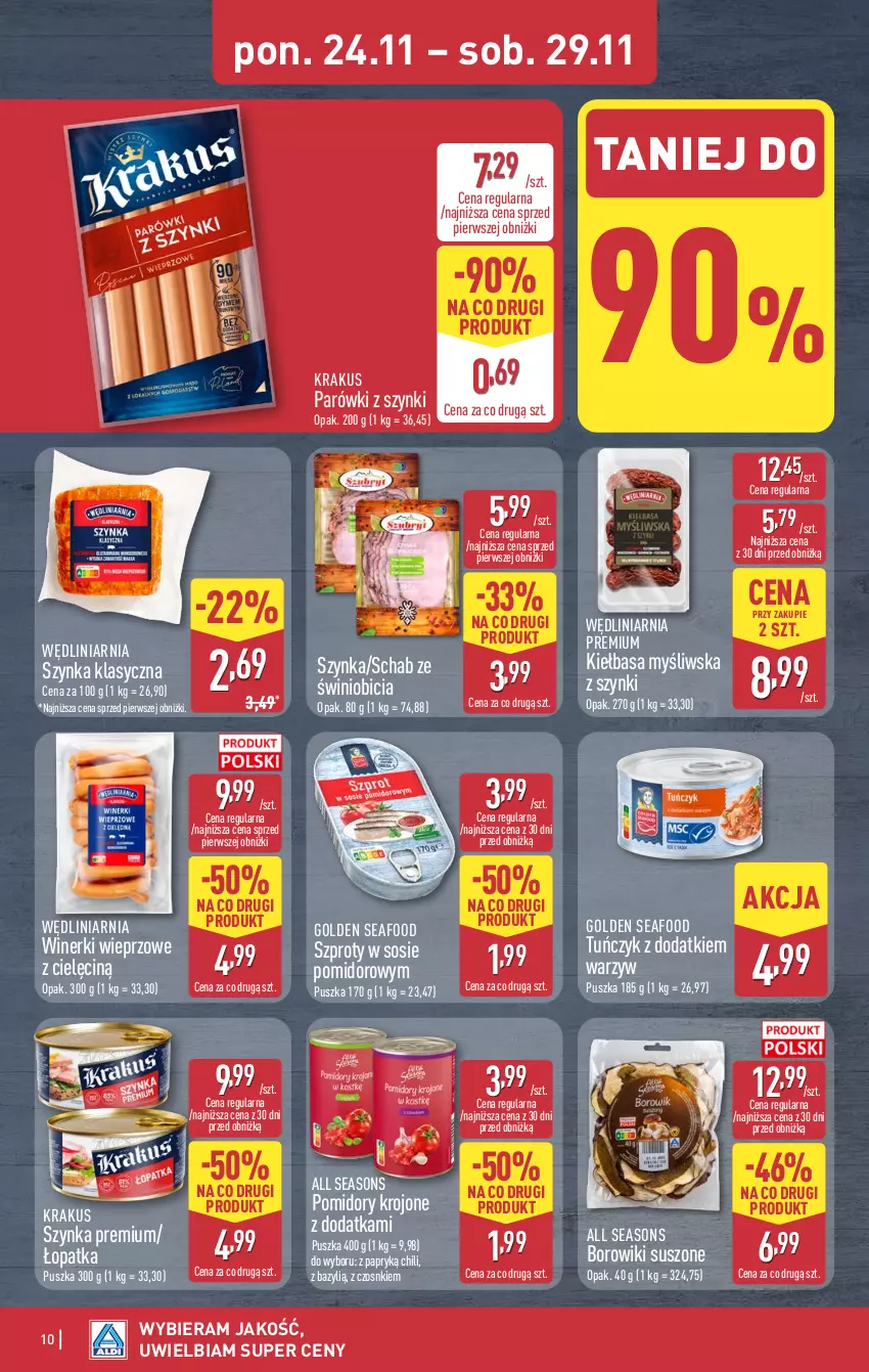 Gazetka promocyjna Aldi - Pełna oferta - ważna 24.11 do 29.11.2025 - strona 10 - produkty: All Seasons, Bazyl, BIC, Borowiki, Golden Seafood, Kiełbasa, Krakus, Parówki, Parówki z szynki, Pomidory, Pomidory krojone, Sos, Szprot, Szynka, Szynka premium, Tuńczyk