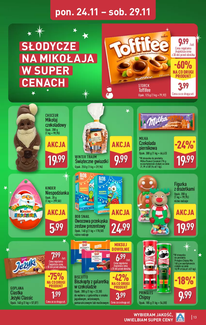 Gazetka promocyjna Aldi - Pełna oferta - ważna 24.11 do 29.11.2025 - strona 13 - produkty: Biszkopty, Chipsy, Ciastka, Czekolada, Gala, Goplana, Jeżyki, Kinder, LANA, Milka, Piernik, Pringles, Toffifee, Zestaw prezentowy