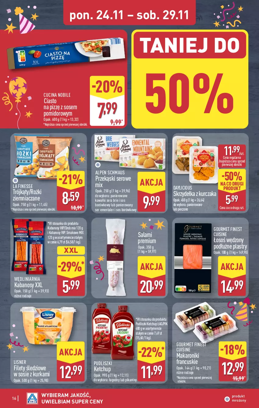 Gazetka promocyjna Aldi - Pełna oferta - ważna 24.11 do 29.11.2025 - strona 16 - produkty: Brie, Ementaler, Kabanos, Kawa, Ketchup, Kurczak, Lisner, Makaron, Piec, Pudliszki, Salami, Ser, Skrzydełka z kurczaka, Sos