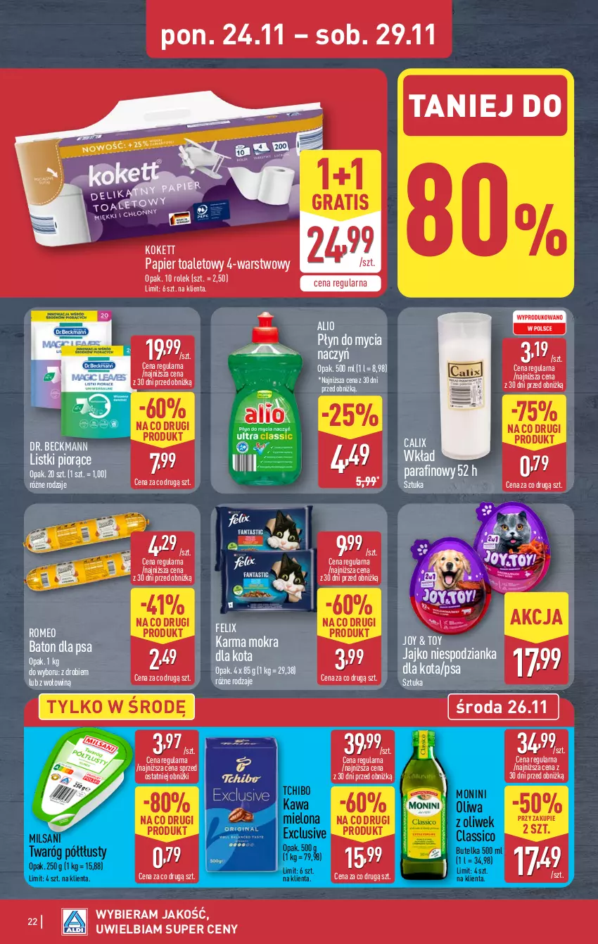 Gazetka promocyjna Aldi - Pełna oferta - ważna 24.11 do 29.11.2025 - strona 22 - produkty: Baton, Baton dla psa, Do mycia naczyń, Felix, Gra, Kawa, Kawa mielona, Monini, Oliwa z oliwek, Papier, Papier toaletowy, Płyn do mycia, Płyn do mycia naczyń, Tchibo, Twaróg, Twaróg półtłusty