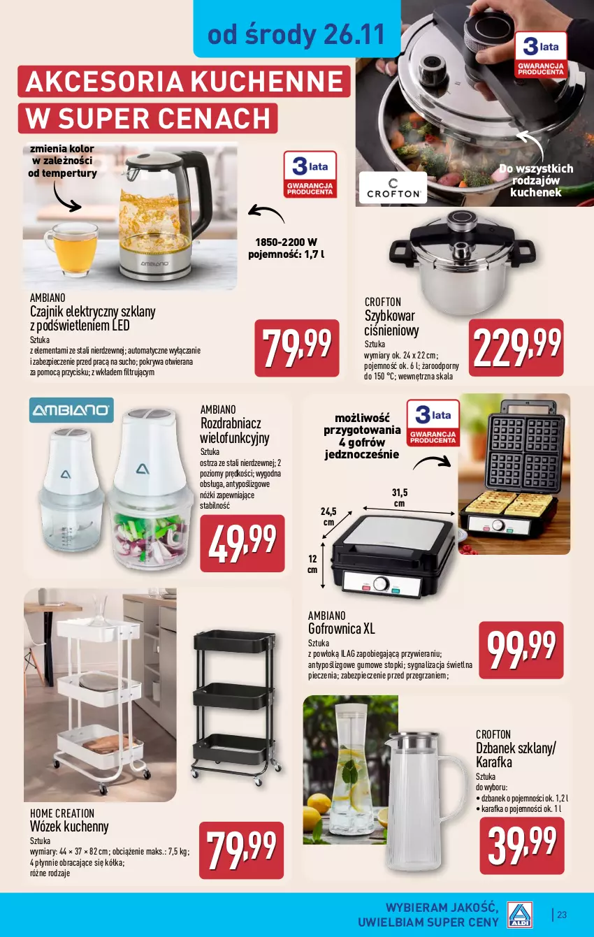 Gazetka promocyjna Aldi - Pełna oferta - ważna 24.11 do 29.11.2025 - strona 23 - produkty: Czajnik, Czajnik elektryczny, Dzbanek, Gofrownica, Karafka, Piec, Pokrywa, Por, Rozdrabniacz, Szybkowar, Top, Wózek
