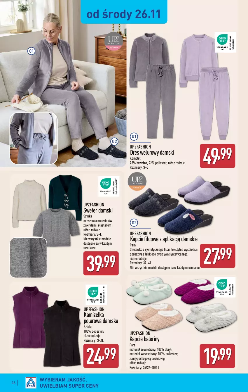 Gazetka promocyjna Aldi - Pełna oferta - ważna 24.11 do 29.11.2025 - strona 26 - produkty: Baleriny, Dres, Fa, Kamizelka, Kapcie, Sweter, Wełna