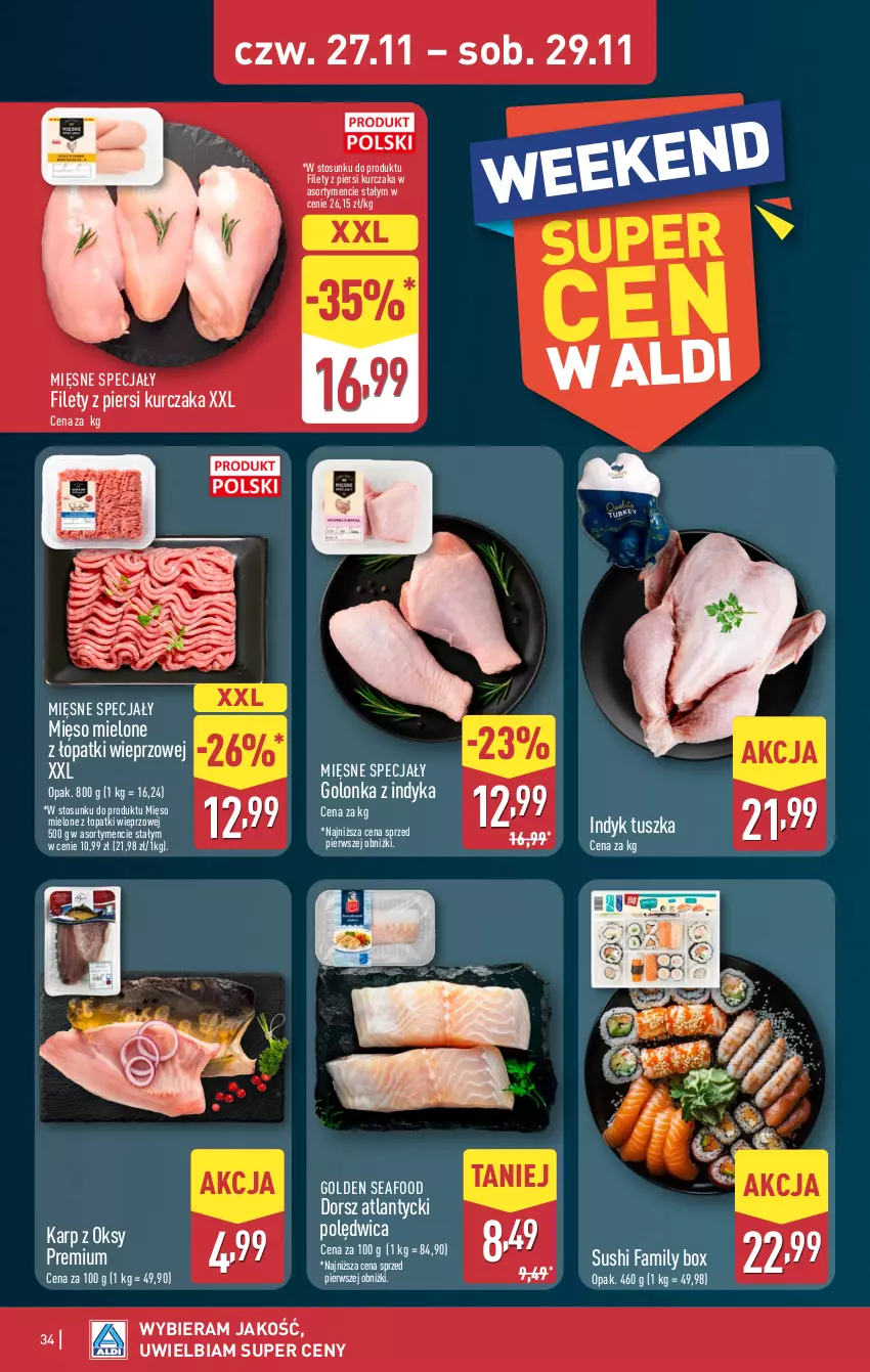 Gazetka promocyjna Aldi - Pełna oferta - ważna 24.11 do 29.11.2025 - strona 34 - produkty: Dorsz, Fa, Golden Seafood, Golonka z indyka, Karp, Kurczak, Mięsne specjały, Mięso, Mięso mielone, Mięso mielone z łopatki wieprzowej, Polędwica, Sushi, Tusz