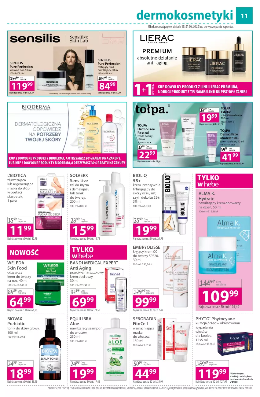 Gazetka promocyjna Hebe - Gazetka - ważna 18.05 do 31.05.2023 - strona 11 - produkty: Bandi, Bioderma, Biovax, Embryolisse, Fa, Gin, Karp, Krem do twarzy, Krem na dzień, Krem na noc, Krem pod oczy, L'Biotica, Lierac, Makijaż, Mars, Maska, Maska do stóp, Maska do włosów, Phyto, Pur, Regenerująca maska, Seboradin, Szampon, Tołpa, Tonik, Tonik do twarzy, Weleda