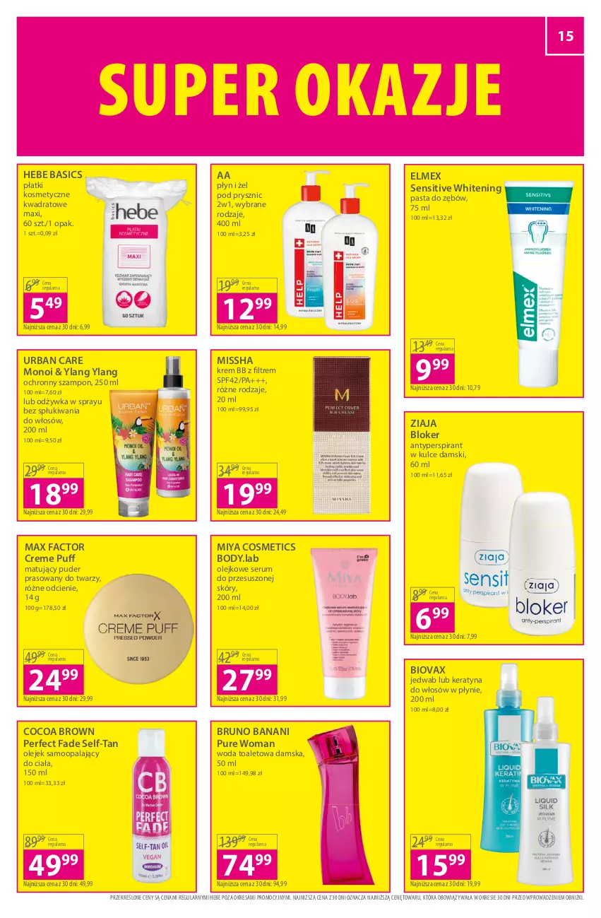 Gazetka promocyjna Hebe - Gazetka - ważna 18.05 do 31.05.2023 - strona 15 - produkty: Antyperspirant, Biovax, Body, Bruno Banani, Elmex, Fa, Krem bb, Max Factor, MISSHA, Miya Cosmetics, Odżywka, Olej, Pasta do zębów, Płatki kosmetyczne, Puder, Puder prasowany, Puf, Pur, Rum, Ser, Serum, Szampon, Woda, Woda toaletowa, Ziaja