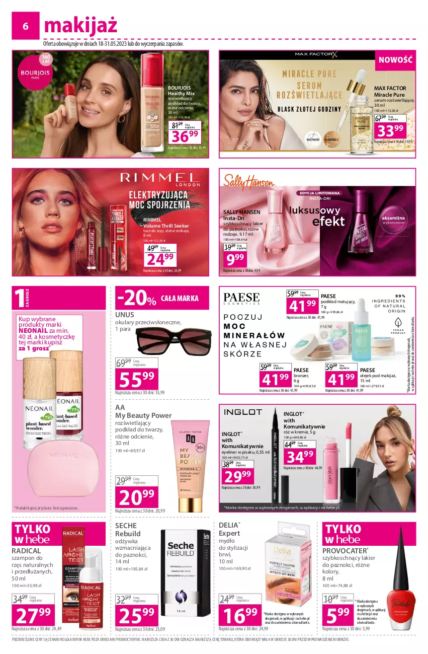 Gazetka promocyjna Hebe - Gazetka - ważna 18.05 do 31.05.2023 - strona 6 - produkty: Bourjois, Bronzer, Fa, Gra, Lakier, Lakier do paznokci, Makijaż, Max Factor, Mydło, NeoNail, Odżywka, Olej, PAESE, Podkład, Podkład do twarzy, Podkład matujący, Pur, Rum, Sally Hansen, Ser, Serum, Szampon, Tusz