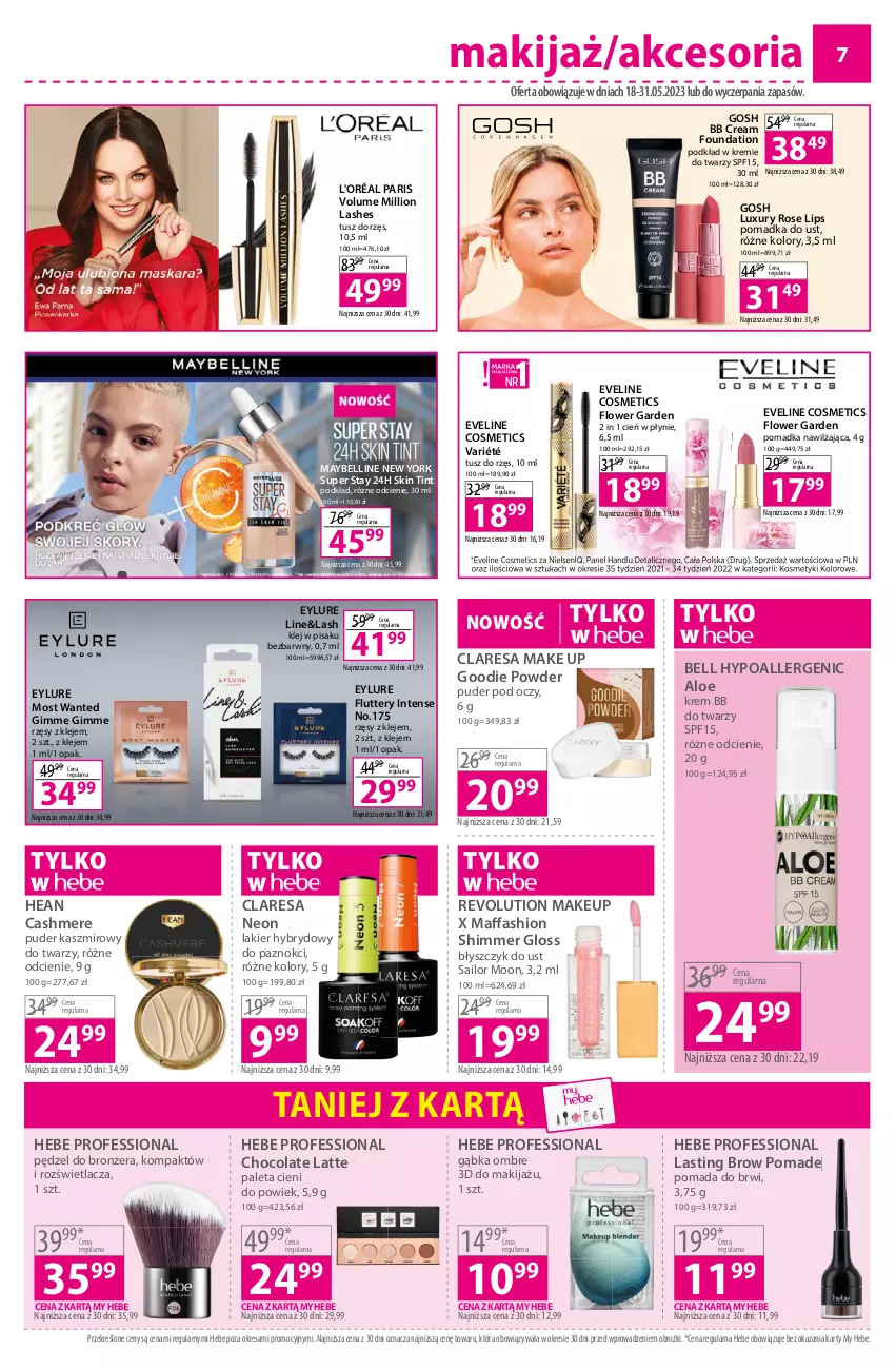 Gazetka promocyjna Hebe - Gazetka - ważna 18.05 do 31.05.2023 - strona 7 - produkty: Bell, Bell HypoAllergenic, Błyszczyk do ust, Bronzer, Cień, Eveline, Fa, Foundation, Gosh, Klej, Krem bb, Lakier, Lakier hybrydowy, Lion, Makijaż, Maybelline, Paleta, Podkład, Pomada, Pomada do brwi, Puder, Rozświetlacz, Tusz