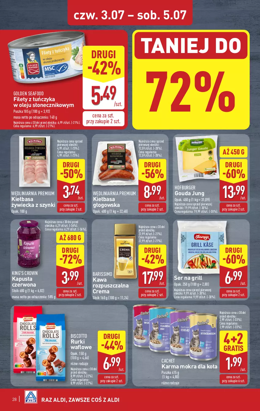 Gazetka promocyjna Aldi - Pełna oferta - ważna 30.06 do 05.07.2025 - strona 28 - produkty: Burger, Golden Seafood, Gouda, Gra, Grill, Hofburger, Kawa, Kawa rozpuszczalna, Kiełbasa, Kiełbasa głogowska, Olej, Rurki, Ser, Tuńczyk