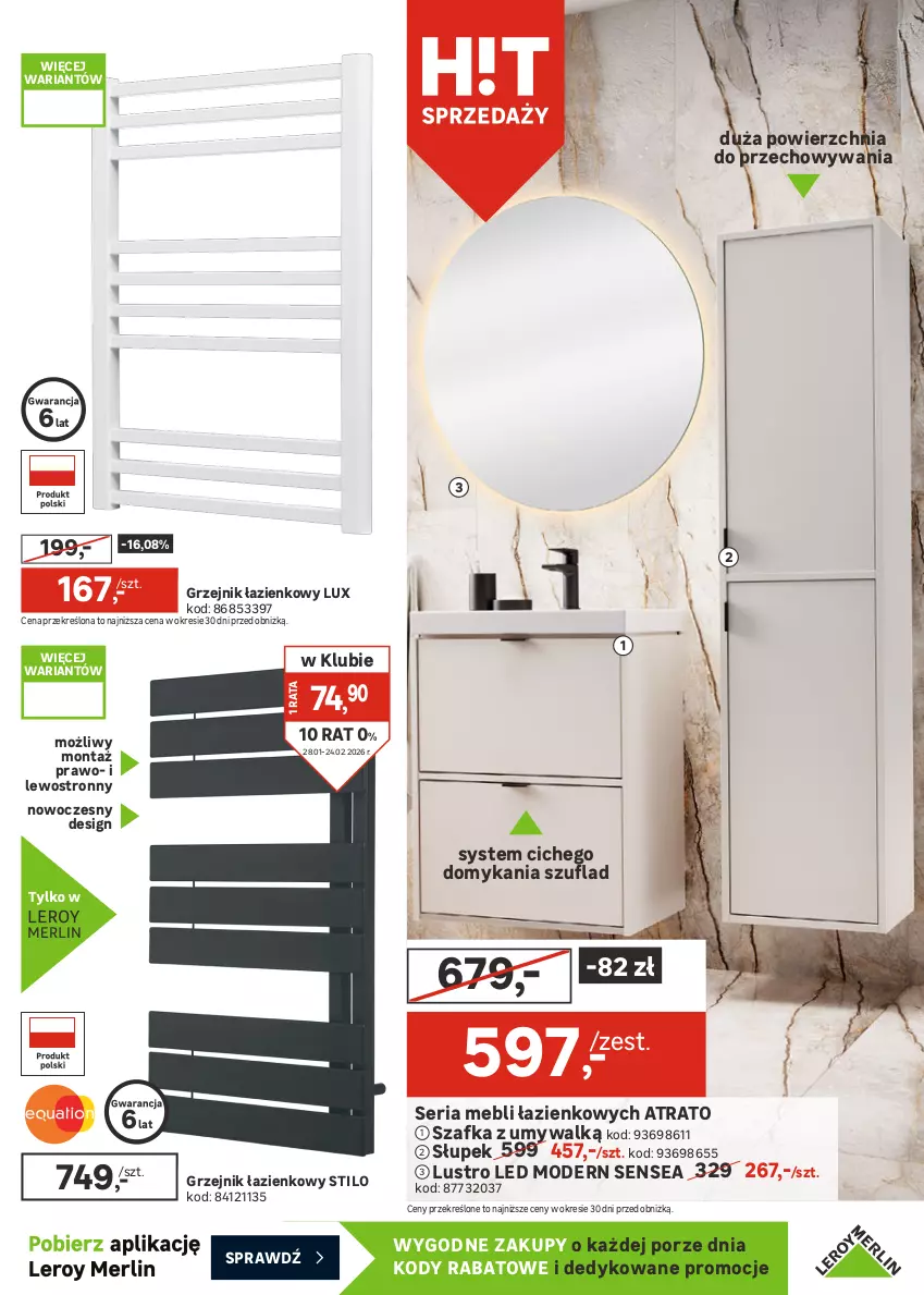 Gazetka promocyjna Leroy Merlin - Gazetka Leroy Merlin - ważna 28.01 do 24.02.2026 - strona 11 - produkty: Dozownik, Dozownik mydła, Grzejnik, Grzejnik łazienkowy, Kosz, Kubek, Kubek na szczoteczki do zębów, Lustro, Lustro LED, Mydelniczka, Por, Ser, Słupek, Szafka, Szafka pod umywalkę, Umywalka