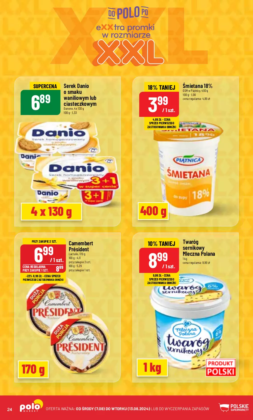 Gazetka promocyjna PoloMarket - Gazetka pomocyjna - ważna 07.08 do 13.08.2024 - strona 24 - produkty: Camembert, Danio, Danone, LANA, Président, Ser, Serek, Twaróg