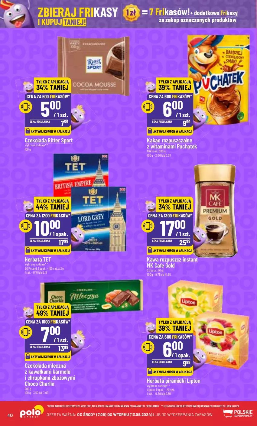 Gazetka promocyjna PoloMarket - Gazetka pomocyjna - ważna 07.08 do 13.08.2024 - strona 40 - produkty: Czekolada, Czekolada mleczna, Herbata, Kakao, Kawa, Lipton, Por, Ritter Sport, Sport