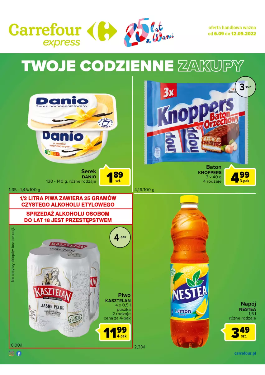 Gazetka promocyjna Carrefour - Gazetka Express - ważna 06.09 do 12.09.2022 - strona 2 - produkty: Baton, Danio, Gra, Kasztelan, Knoppers, Napój, Nestea, Piwa, Piwo, Ser, Serek