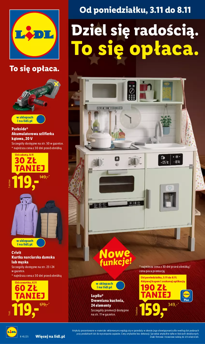Gazetka promocyjna Lidl - GAZETKA - ważna 03.11 do 07.11.2025 - strona 1 - produkty: Akumulator, Drewniana kuchnia, Kuchnia, Kurtka, Parkside, Szlifierka, Szlifierka kątowa