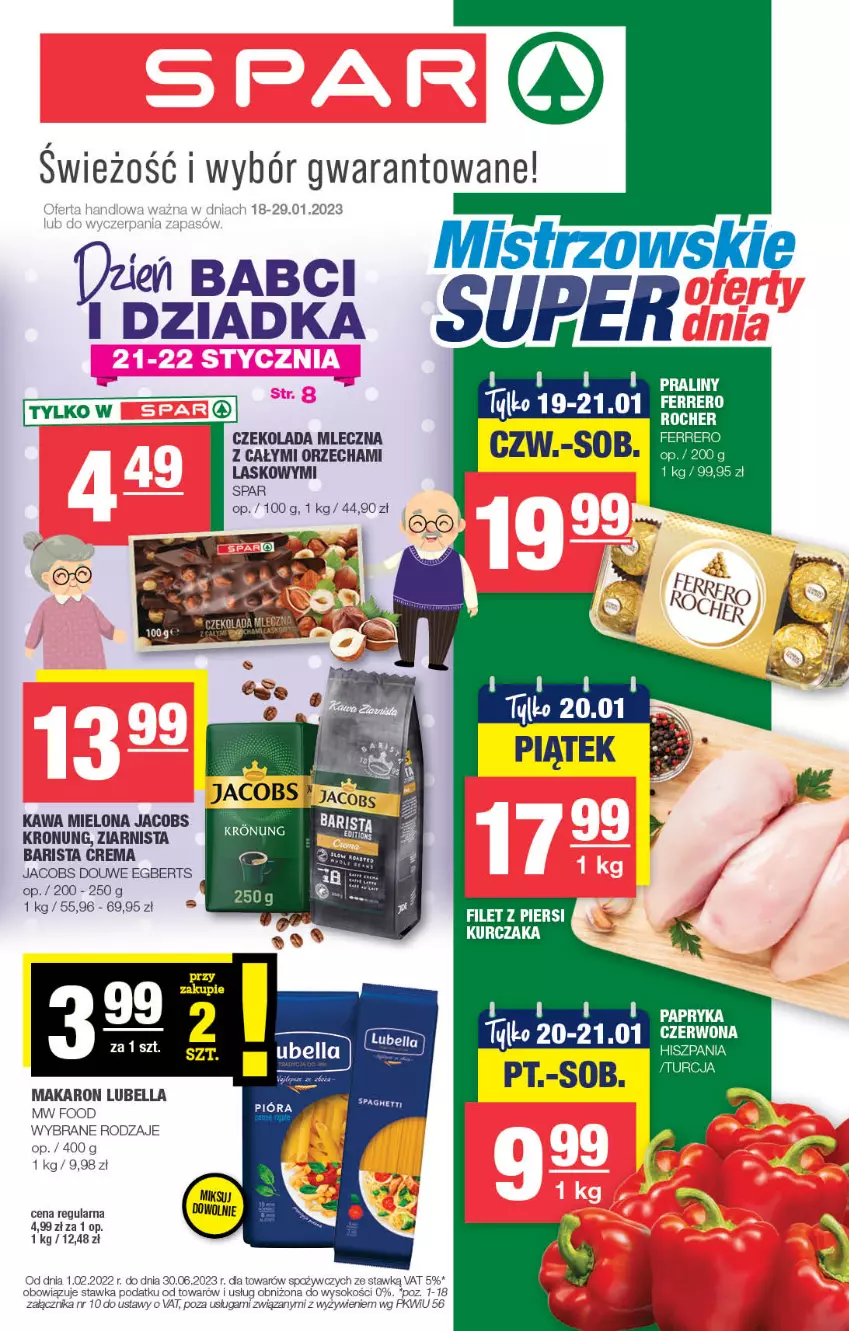 Gazetka promocyjna Spar - Spar - ważna 15.01 do 25.01.2023 - strona 1 - produkty: Bell, Bella, Czekolada, Czekolada mleczna, Ferrero, Jacobs, Kawa, Kawa mielona, Kurczak, Lubella, Makaron, Papryka, Sok