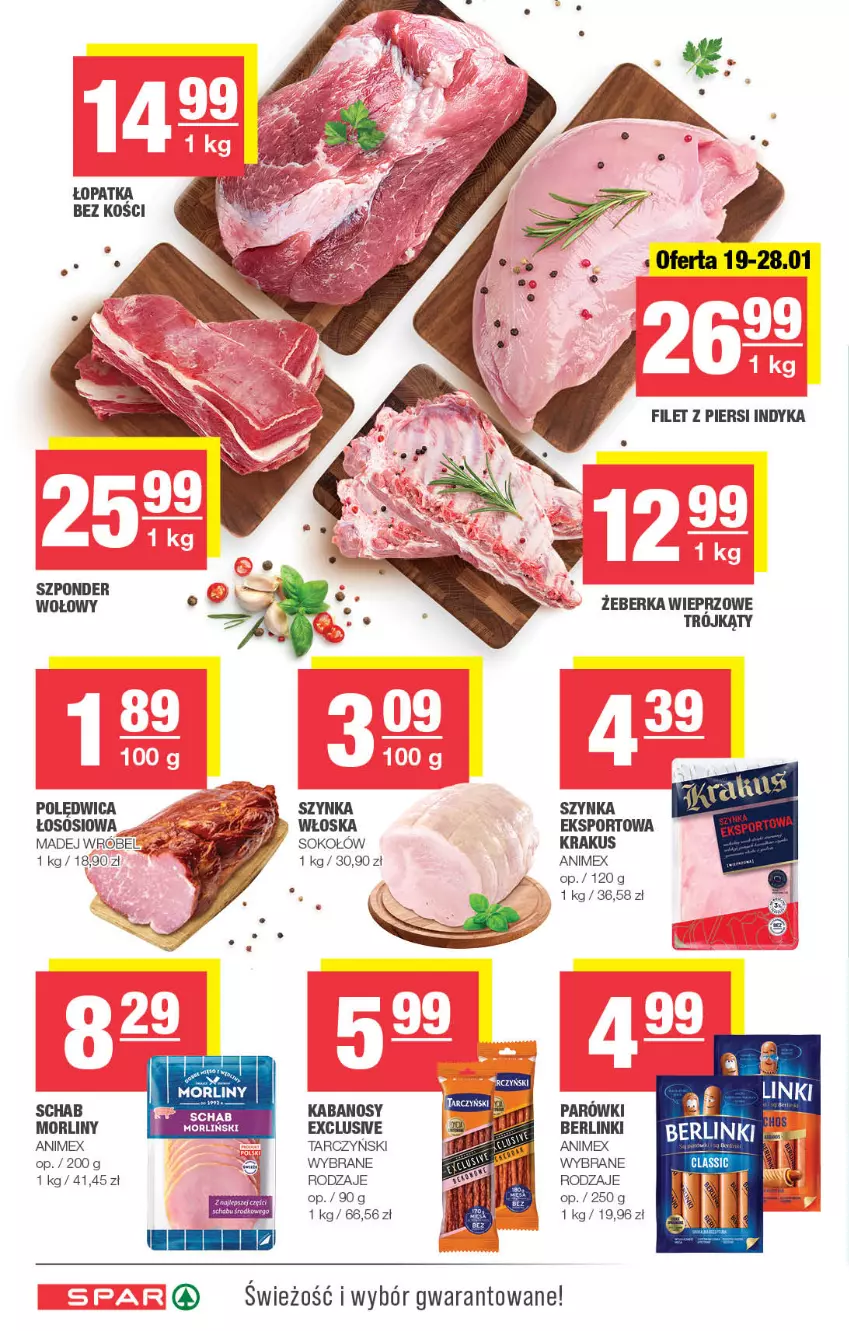 Gazetka promocyjna Spar - Spar - ważna 15.01 do 25.01.2023 - strona 4 - produkty: Berlinki, Filet z piersi indyka, Kabanos, Krakus, Morliny, Parówki, Polędwica, Por, Sok, Sokołów, Sos, Sport, Szynka, Tarczyński