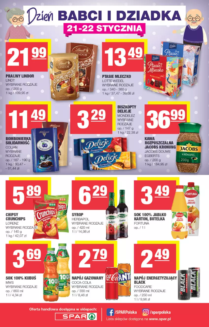 Gazetka promocyjna Spar - Spar - ważna 15.01 do 25.01.2023 - strona 8 - produkty: Biszkopty, Chipsy, Coca-Cola, Delicje, Fortuna, Herbapol, Jacobs, K2, Lack, Lindor, Lorenz, Mleczko, Napój, Napój gazowany, Praliny, Ptasie mleczko, Sok, Syrop