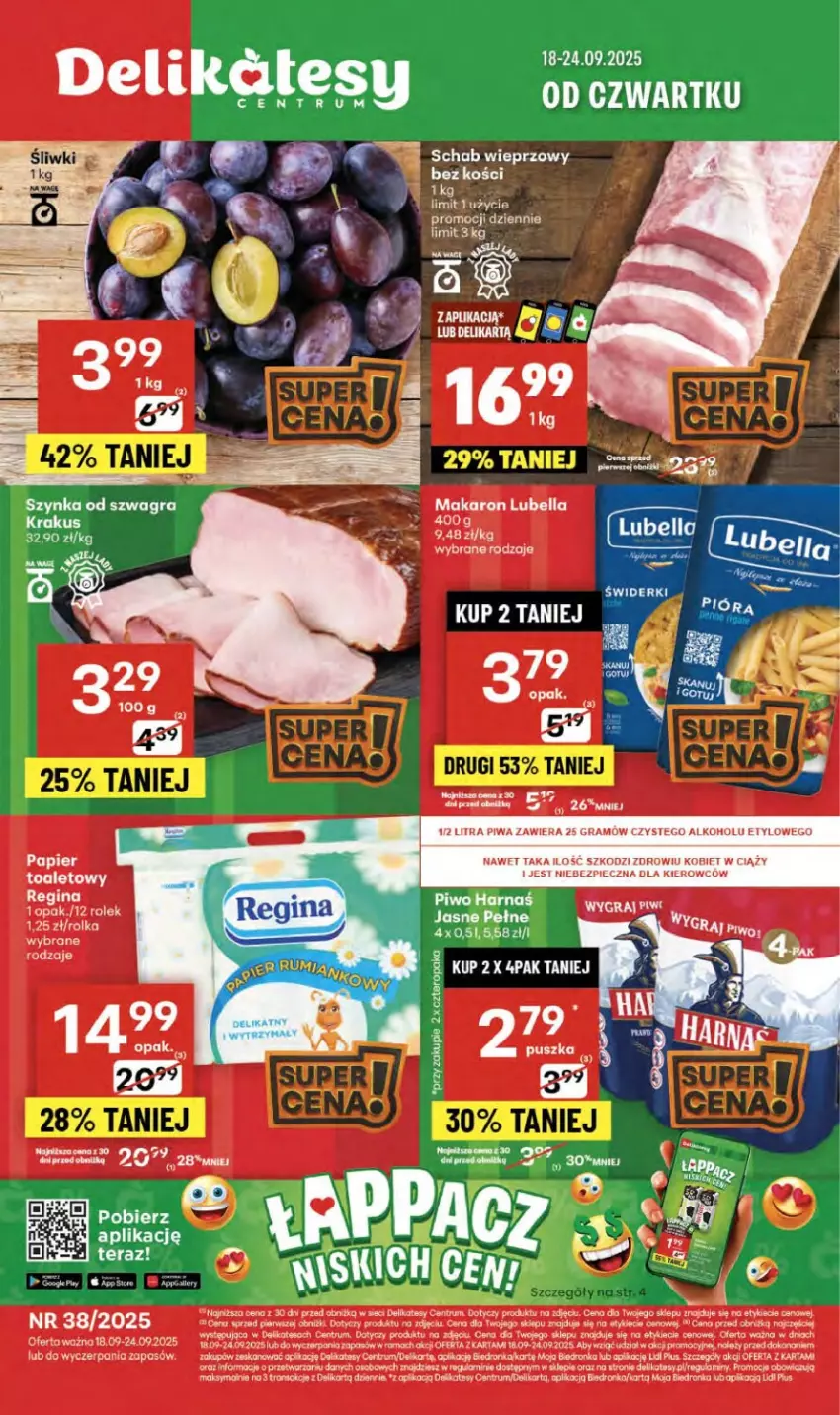 Gazetka promocyjna Delikatesy Centrum - Franczyza DC38 Czwartek - ważna 18.09 do 24.09.2025 - strona 1 - produkty: Dron, Gin, Gra, Harnaś, Koc, Papier, Piec, Piwa, Piwo, Rama, Rum, Szynka, Tran