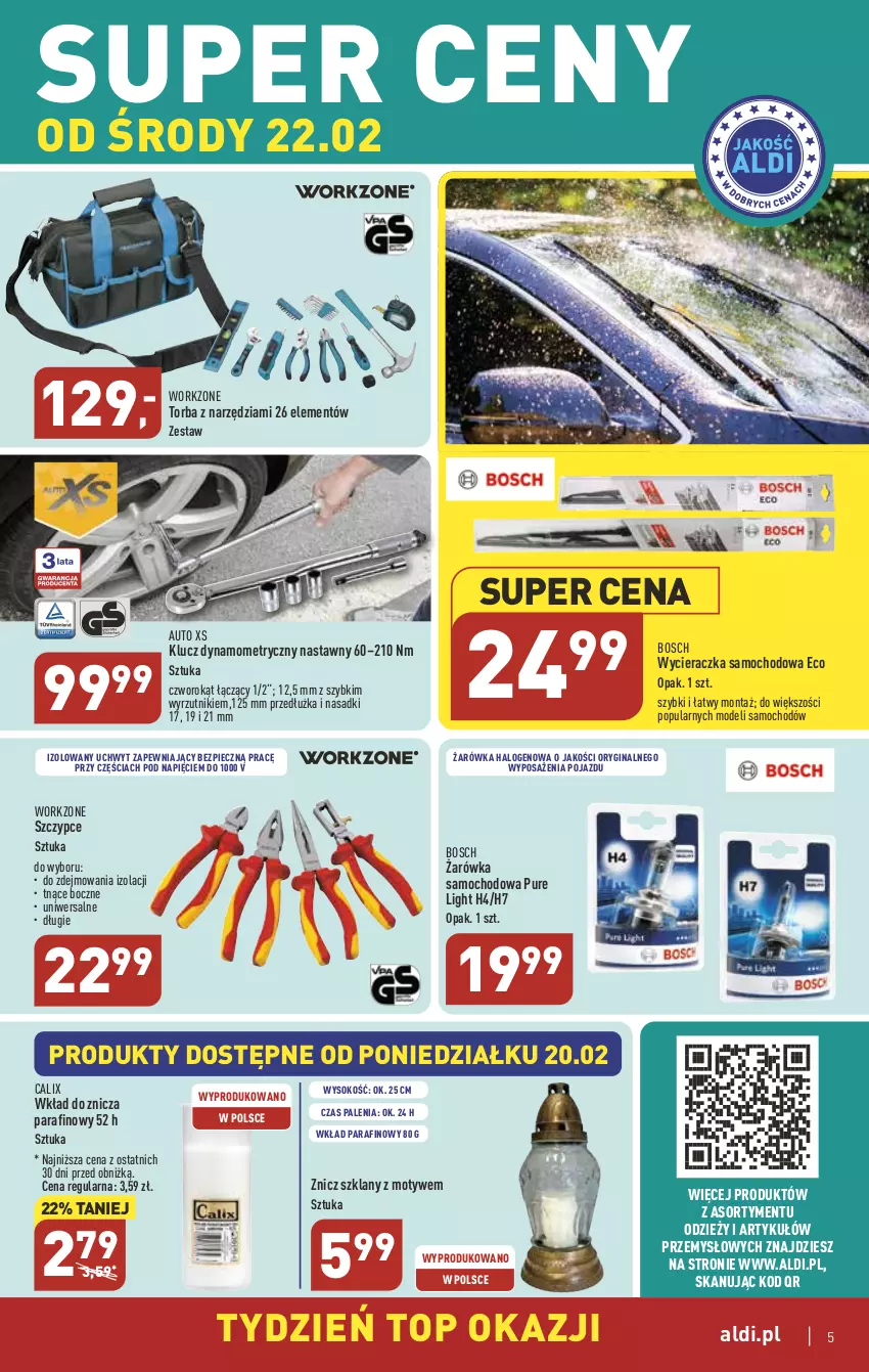 Gazetka promocyjna Aldi - COŚ na przyszły tydzień - ważna 22.02 do 25.02.2023 - strona 5 - produkty: Bosch, Gin, Halo, Piec, Pojazd, Pur, Sok, Szczypce, Top, Torba, Wycieraczka, Znicz