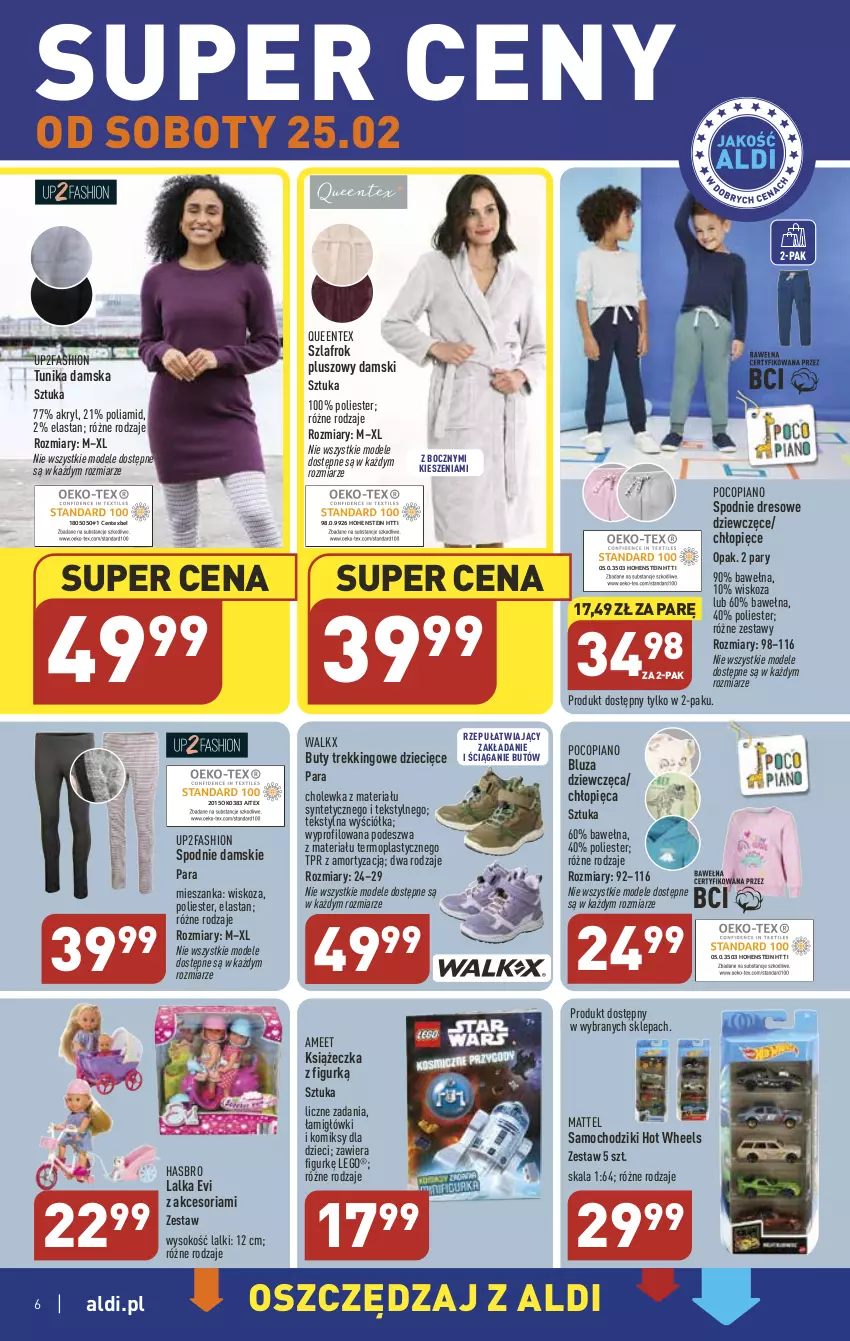 Gazetka promocyjna Aldi - COŚ na przyszły tydzień - ważna 22.02 do 25.02.2023 - strona 6 - produkty: Bluza, Buty, Chodzik, Dres, Dzieci, Fa, Hasbro, Hot Wheels, Lalka, LEGO, Mattel, Mop, Pocopiano, Queentex, Samochodziki, Sok, Spodnie, Spodnie dresowe, Szlafrok, Tunika, Wełna