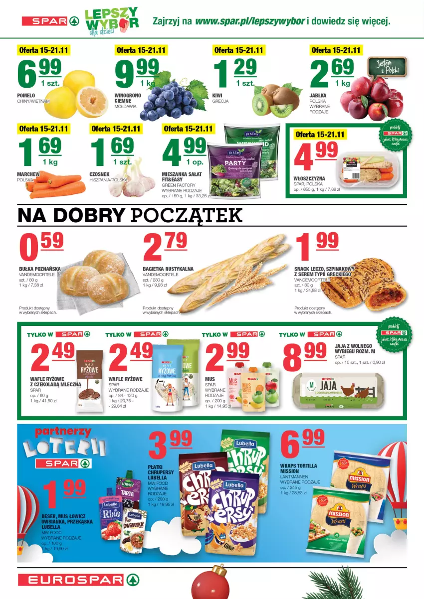 Gazetka promocyjna Spar - EuroSpar - ważna 13.11 do 23.11.2023 - strona 2 - produkty: Bagietka, Bułka, Czosnek, Fa, Jabłka, Jaja, Mieszanka sałat, Mus, Pomelo, Rust, Ryż, Sałat, Ser, Szpinak, Wafle, Wino