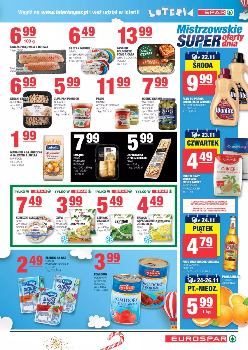 Gazetka promocyjna Spar - EuroSpar - ważna 13.11 do 23.11.2023 - strona 5 - produkty: Bell, Bella, Cukier, Dorsz, Gra, Graal, Koreczki śledziowe, Krakus, Kuchnia, Lasagne, Lasagne bolognese, Lisner, Lubella, Makaron, Monini, Pesto, Piec, Pieczarka, Piwa, Podravka, Pomidory, Sok, Szpinak, Zapiekanka, Zupa