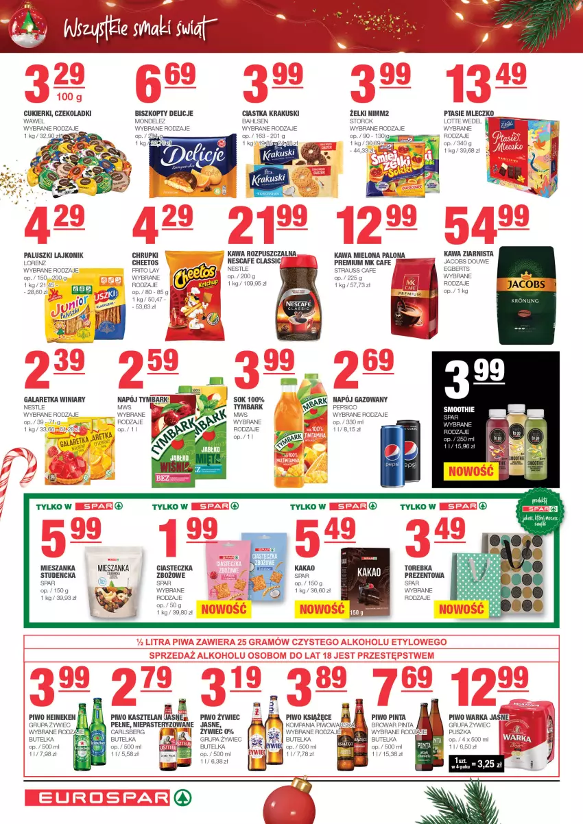 Gazetka promocyjna Spar - EuroSpar - ważna 13.11 do 23.11.2023 - strona 6 - produkty: Biszkopty, Carlsberg, Cheetos, Chrupki, Ciastka, Cukier, Cukierki, Delicje, Fa, Gala, Galaretka, Heineken, Jacobs, Kasztelan, Kawa, Kawa mielona, Kawa rozpuszczalna, Kawa ziarnista, Krakus, Krakuski, Lajkonik, Lorenz, Mleczko, Napój, Nimm2, Pepsi, Piwo, Ptasie mleczko, Smoothie, Sok, Torebka, Tymbark, Warka, Wawel, Winiary