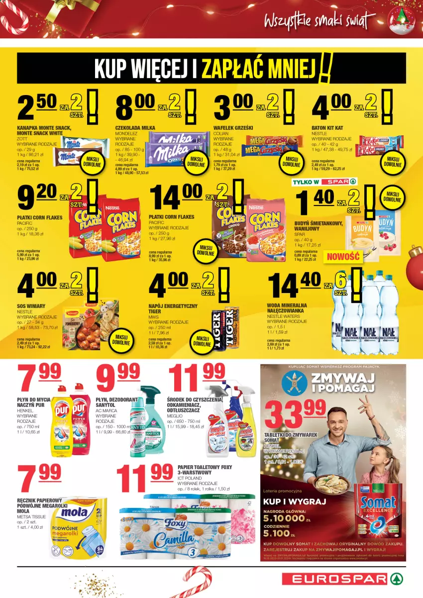 Gazetka promocyjna Spar - EuroSpar - ważna 13.11 do 23.11.2023 - strona 7 - produkty: Baton, Cif, Corn flakes, Czekolada, Fa, Foxy, Grześki, Kit Kat, Milka, Mola, Monte, Nałęczowianka, Odkamieniacz, Odtłuszczacz, Papier, Papier toaletowy, Płyn do mycia, Pur, Ręcznik, Rolki, Sanytol, Sos, Tiger, Wafelek, Winiary, Woda, Woda mineralna, Zott