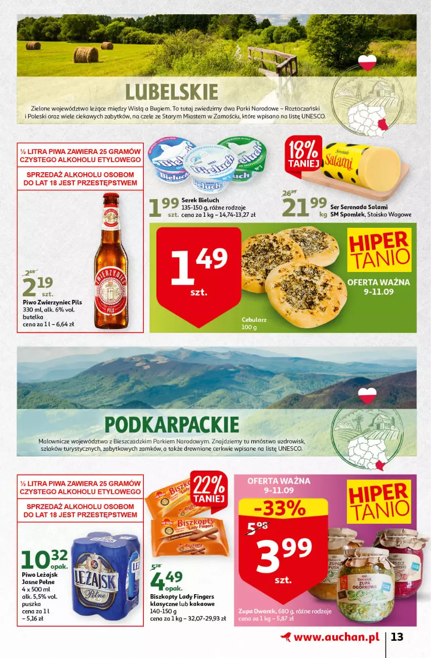 Gazetka promocyjna Auchan - Odkryj z nami regionalne smaki Hipermarkety - ważna 09.09 do 15.09.2021 - strona 13 - produkty: Bieluch, Biszkopty, Kakao, Karp, Piwo, Salami, Ser, Serek