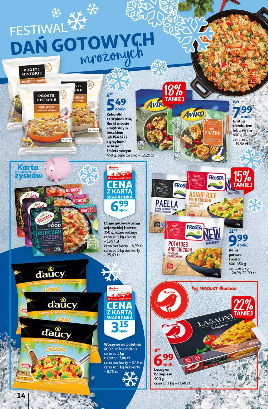 Gazetka promocyjna Auchan - Odkryj z nami regionalne smaki Hipermarkety - ważna 09.09 do 15.09.2021 - strona 14 - produkty: Danie gotowe, Frosta, Gra, Hortex, Kurczak, Lasagne, Rurki, Ser, Sos, Szpinak, Warzywa, Ziemniaki