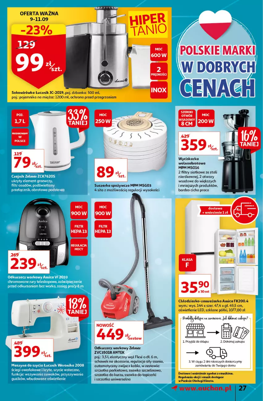 Gazetka promocyjna Auchan - Odkryj z nami regionalne smaki Hipermarkety - ważna 09.09 do 15.09.2021 - strona 27 - produkty: Amica, K2, Odkurzacz, Pojemnik, Sok, Suszarka, Szczotka, Wyciskarka, Wyciskarka wolnoobrotowa, Zelmer