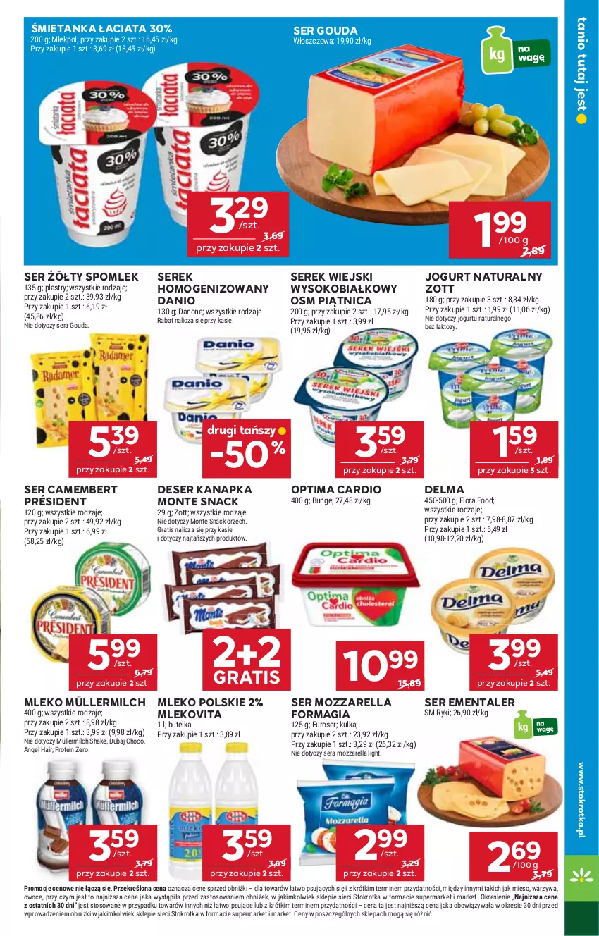 Gazetka promocyjna Stokrotka - Market - ważna 18.09 do 24.09.2025 - strona 11 - produkty: Camembert, Danio, Danone, Delma, Deser, Ementaler, Flora, Gouda, Gra, Jogurt, Jogurt naturalny, Mięso, Mleko, Mlekovita, Monte, Mozzarella, Müller, Müllermilch, Optima, Optima Cardio, Owoce, Piątnica, Président, Ser, Serek, Serek homogenizowany, Serek wiejski, Sok, Warzywa, Zott