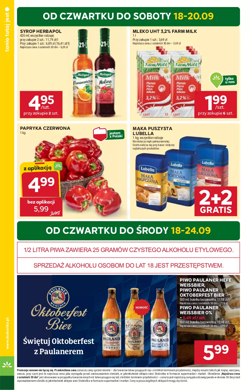 Gazetka promocyjna Stokrotka - Market - ważna 18.09 do 24.09.2025 - strona 2 - produkty: Bell, Bella, Fa, Farm Milk, Gra, Herbapol, Lubella, Mąka, Mięso, Mleko, Owoce, Papryka, Papryka czerwona, Piwa, Piwo, Syrop, Warzywa
