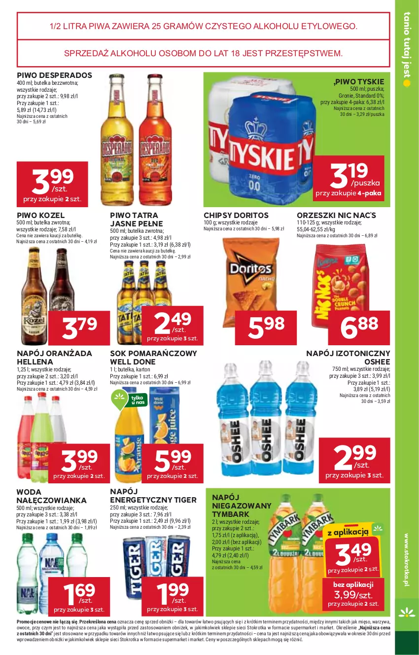 Gazetka promocyjna Stokrotka - Market - ważna 18.09 do 24.09.2025 - strona 23 - produkty: Chipsy, Desperados, Gra, Hellena, Kozel, Mięso, Nałęczowianka, Napój, Napój energetyczny, Napój izotoniczny, Napój niegazowany, Oranżada, Orzeszki, Oshee, Owoce, Piwa, Piwo, Sok, Sok pomarańczowy, Tatra, Tiger, Tymbark, Tyskie, Warzywa, Woda
