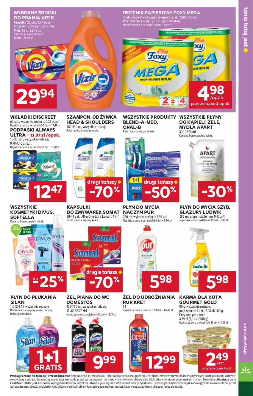 Gazetka promocyjna Stokrotka - Market - ważna 18.09 do 24.09.2025 - strona 25 - produkty: Always, Always Ultra, Blend-a-Med, Discreet, Domestos, Foxy, Gourmet Gold, Gra, Kret, Lazur, Ludwik, Mięso, Odżywka, Owoce, Papier, Płyn do mycia, Płyn do płukania, Podpaski, Pur, Ręcznik, Rolki, Silan, Somat, Szampon, Vizir, Warzywa, Wkładki