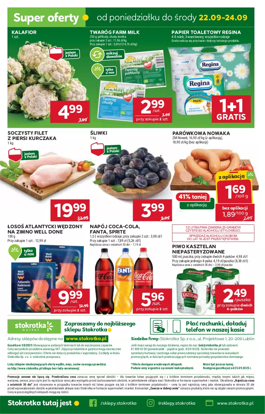 Gazetka promocyjna Stokrotka - Market - ważna 18.09 do 24.09.2025 - strona 29 - produkty: Coca-Cola, Dres, Fa, Fanta, Farm Milk, Filet z piersi kurczaka, Gin, Gra, JBL, Kalafior, Kasztelan, Kurczak, Mięso, Napój, NOWAK, O nas, Owoce, Papier, Papier toaletowy, Piwa, Piwo, Ser, Sprite, Telefon, Twaróg, Wagi, Warzywa