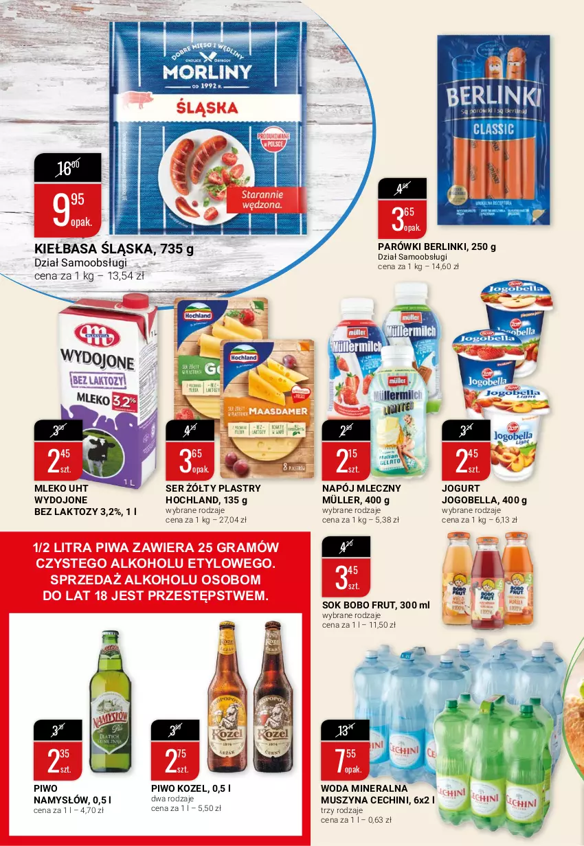 Gazetka promocyjna Bi1 - Dla ochłody - ważna 14.07 do 20.07.2021 - strona 4 - produkty: Bell, Bella, Berlinki, Gra, Hochland, Jogobella, Jogurt, Kiełbasa, Kiełbasa śląska, Kozel, Mleko, Müller, Mus, Namysłów, Napój, Napój mleczny, Parówki, Piwa, Piwo, Ser, Sok, Szyna, Woda, Woda mineralna