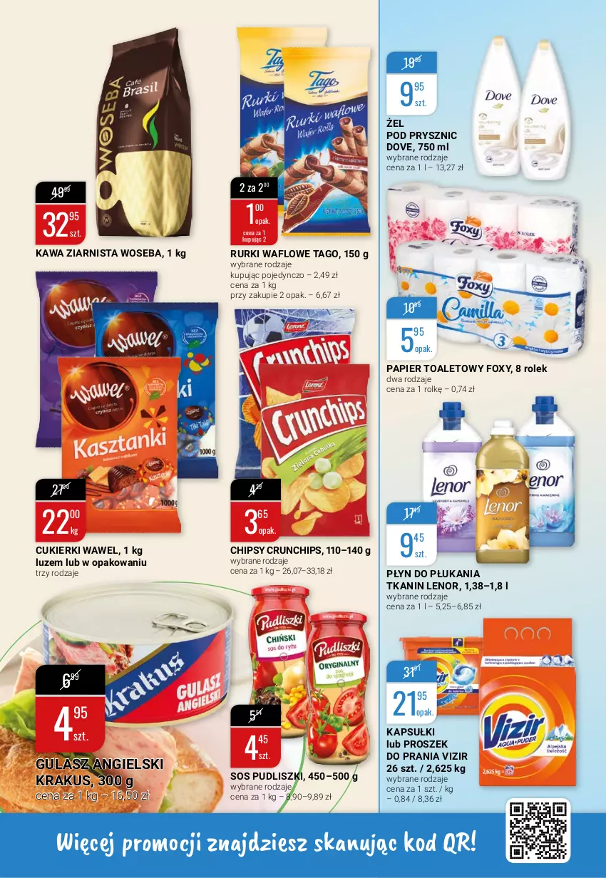 Gazetka promocyjna Bi1 - Dla ochłody - ważna 14.07 do 20.07.2021 - strona 5 - produkty: Chipsy, Crunchips, Cukier, Cukierki, Dove, Foxy, Kawa, Kawa ziarnista, Krakus, Lenor, Papier, Papier toaletowy, Płyn do płukania, Proszek do prania, Pudliszki, Rurki, Sos, Tago, Vizir, Wawel, Woseba