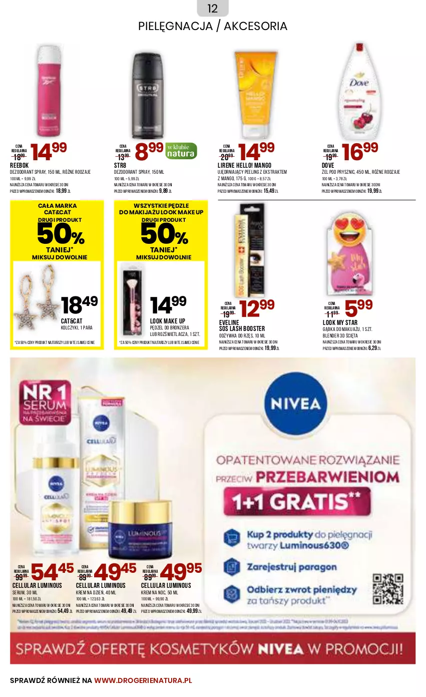 Gazetka promocyjna Drogerie Natura - Gazetka Drogerie Natura - ważna 19.09 do 02.10.2023 - strona 12 - produkty: Blender, Booster, Bronzer, Dezodorant, Dove, Eveline, Kolczyki, Krem na dzień, Krem na noc, Lirene, Makijaż, Mango, Odżywka, Peeling, Rozświetlacz, Rum, Ser, Serum, Sos, Str8