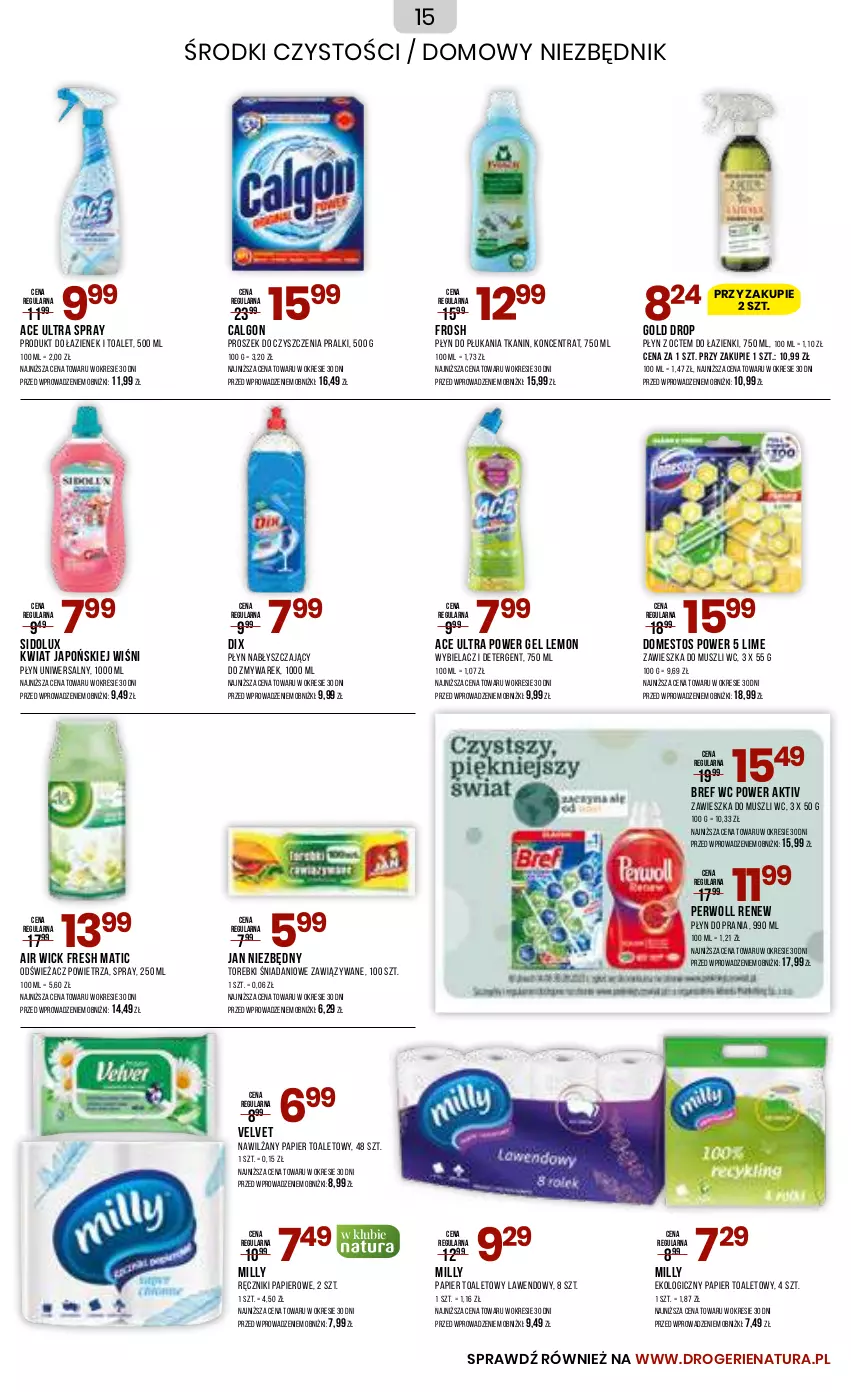 Gazetka promocyjna Drogerie Natura - Gazetka Drogerie Natura - ważna 19.09 do 02.10.2023 - strona 15 - produkty: Air Wick, Bref, Calgon, Danio, Domestos, Jan Niezbędny, LG, Mus, Nawilżany papier, Odświeżacz powietrza, Papier, Papier toaletowy, Perwoll, Płyn do płukania, Płyn do prania, Płyn nabłyszczający, Pralki, Ręcznik, Ręczniki papierowe, Sidolux, Velvet