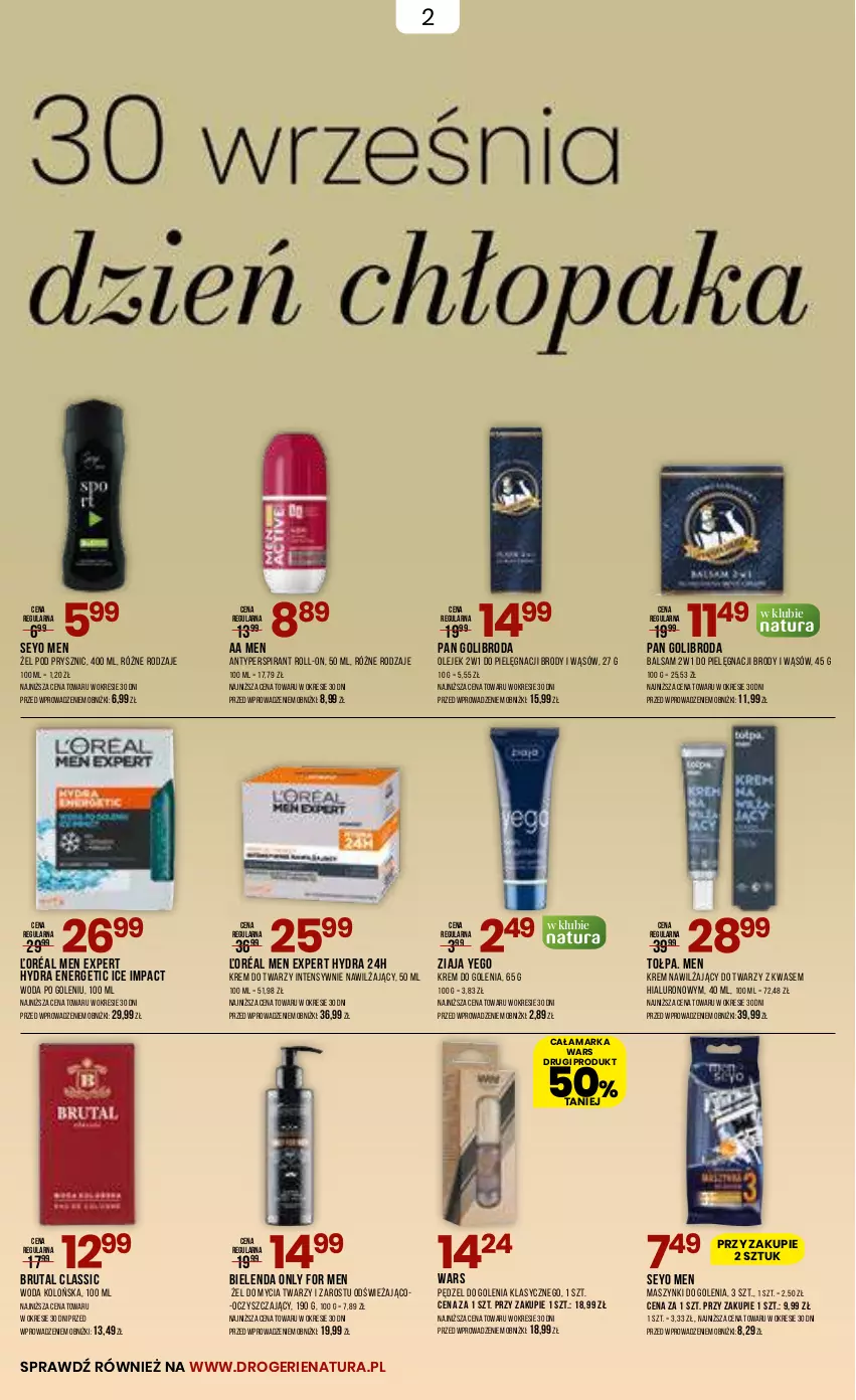 Gazetka promocyjna Drogerie Natura - Gazetka Drogerie Natura - ważna 19.09 do 02.10.2023 - strona 2 - produkty: Antyperspirant, Bielenda, Brutal, Krem do golenia, Krem do twarzy, Krem nawilżający, Olej, Pędzel do golenia, Tołpa, Woda, Woda kolońska, Woda po goleniu, Ziaja