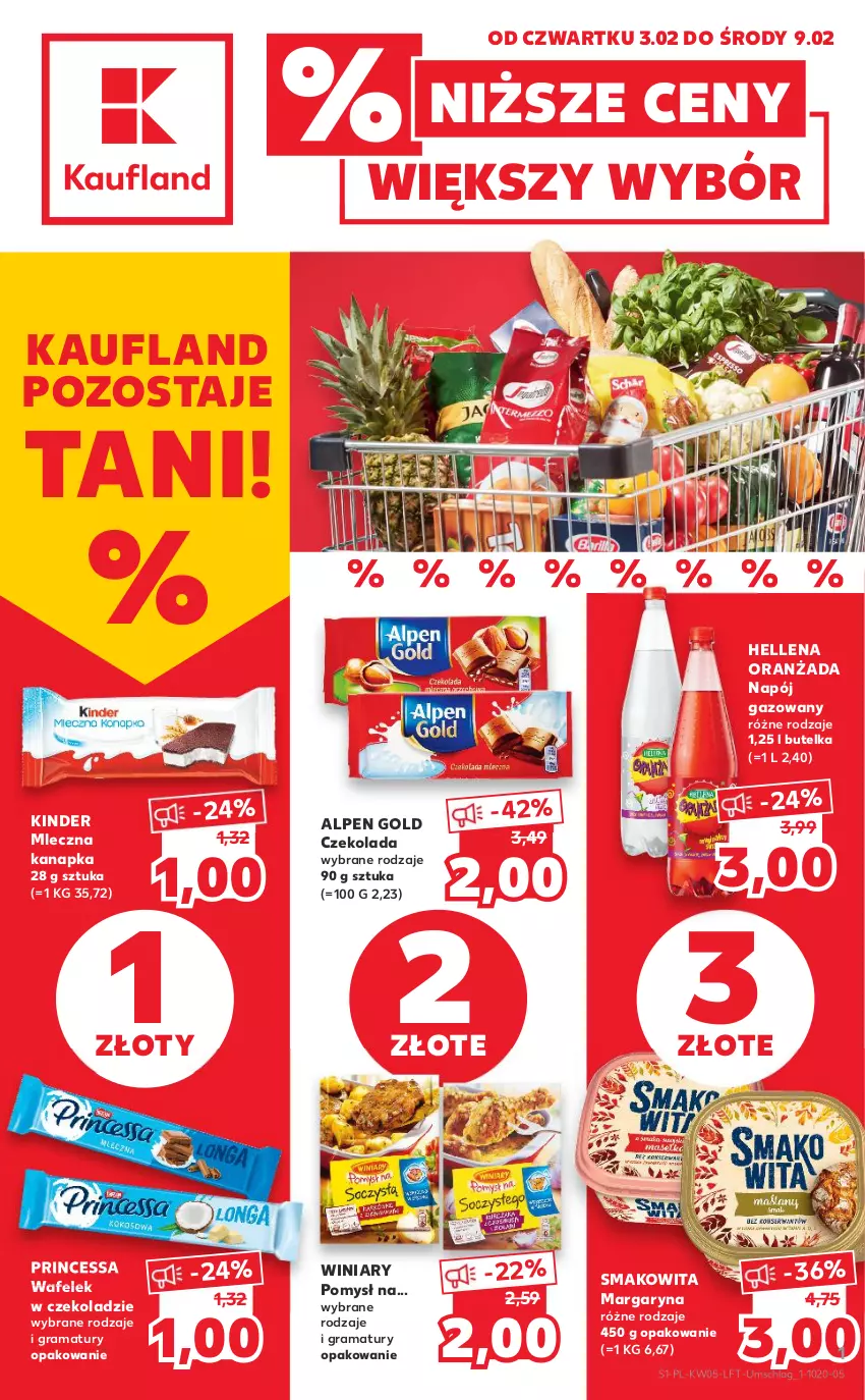 Gazetka promocyjna Kaufland - OFERTA TYGODNIA - ważna 03.02 do 09.02.2022 - strona 1 - produkty: Czekolada, Gra, Hellena, Kinder, Margaryna, Mleczna kanapka, Napój, Napój gazowany, Oranżada, Princessa, Rama, Smakowita, Wafelek, Winiary