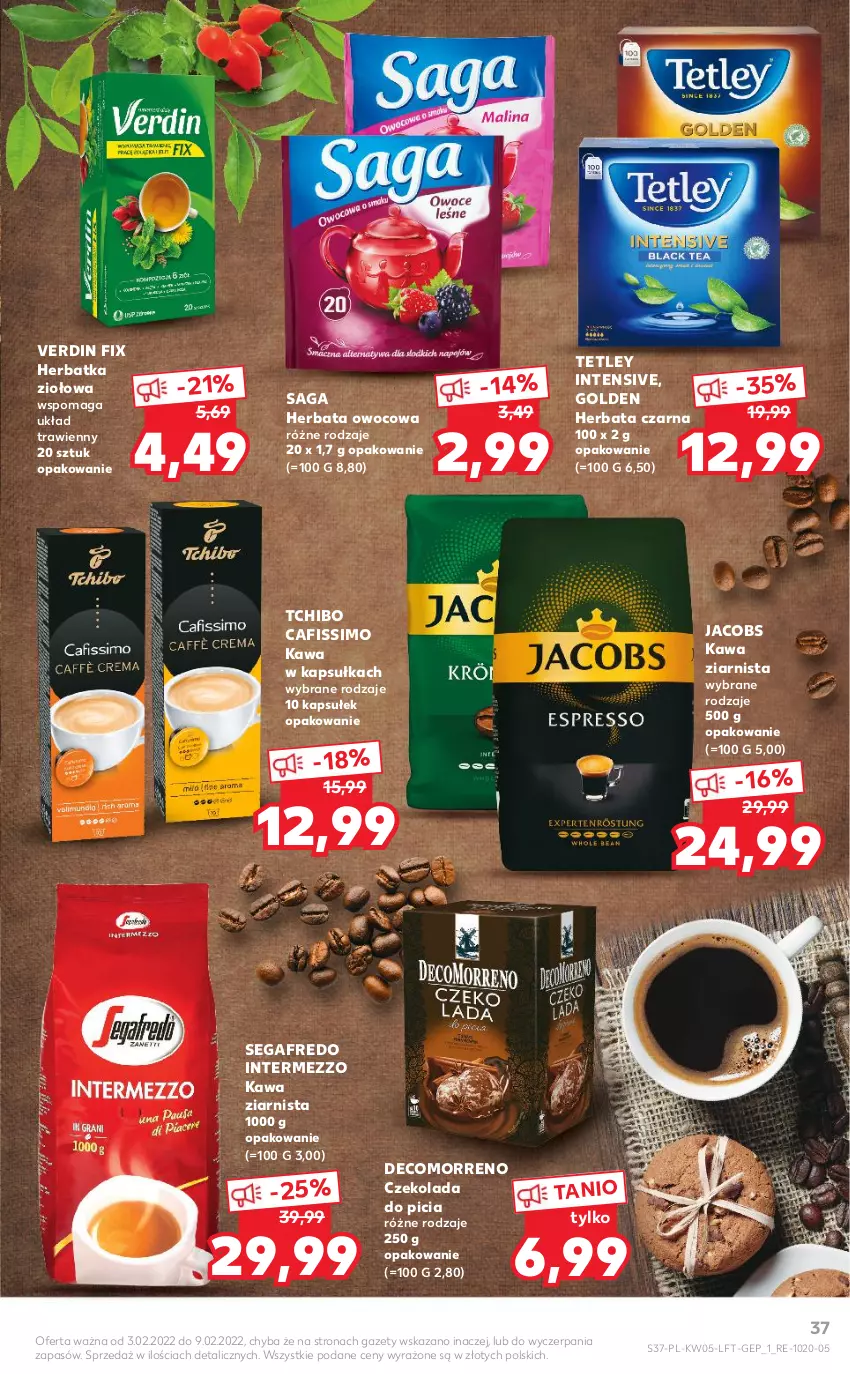 Gazetka promocyjna Kaufland - OFERTA TYGODNIA - ważna 03.02 do 09.02.2022 - strona 37 - produkty: Cafissimo, Czekolada, Herbata, Herbata czarna, Herbata owocowa, Jacobs, Kawa, Kawa ziarnista, Saga, Segafredo, Tchibo, Tetley