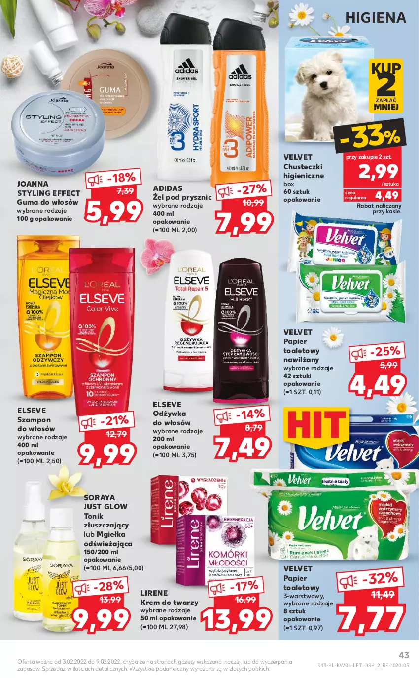 Gazetka promocyjna Kaufland - OFERTA TYGODNIA - ważna 03.02 do 09.02.2022 - strona 43 - produkty: Adidas, Chusteczki, Elseve, Joanna, Joanna styling, Krem do twarzy, Lirene, Odżywka, Papier, Papier toaletowy, Szampon, Tonik, Velvet